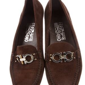 Salvatore Ferragamo Chocolate Suede Loafers with Gold Detail .